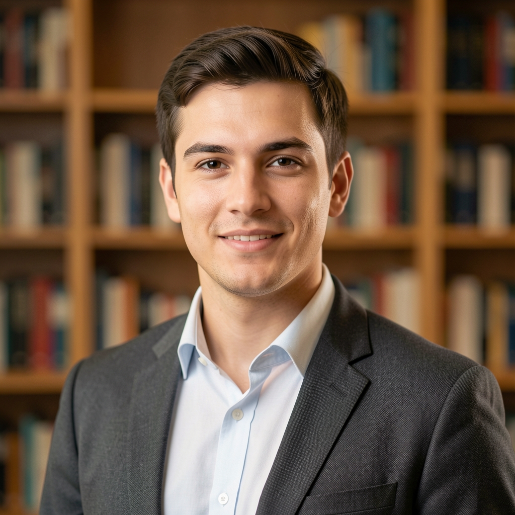 Editorial portrait of Tobias Marsden, contributing writer at Fralen Press, photographed against a neutral warm background in a well-lit study environment with bookshelves in soft focus behind him