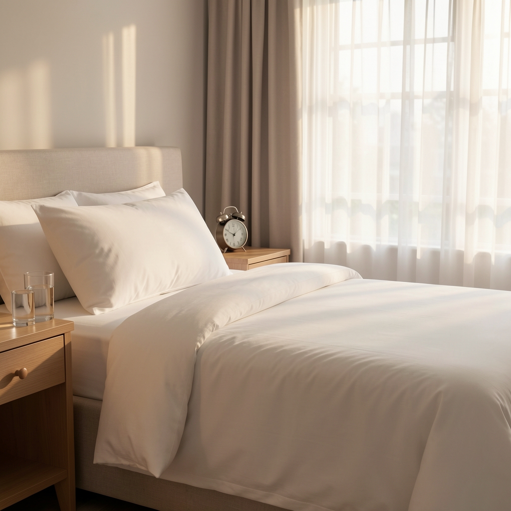 A neatly made bed in a calm bedroom with soft morning light filtering through translucent curtains, a glass of water and an analogue clock on the bedside table