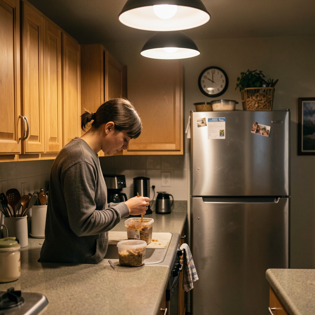 A quiet domestic kitchen at night with warm overhead light, a person standing at the counter eating directly from a container, a visible clock showing 21:30 on the wall above the refrigerator