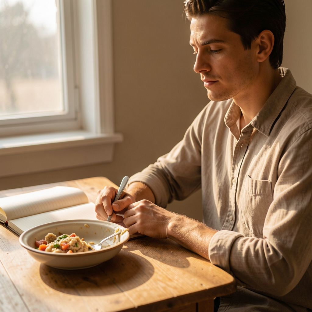 A person sitting quietly at a wooden desk in warm afternoon light, a half-eaten meal beside an open notebook, capturing the stillness of low-energy mid-afternoon hours